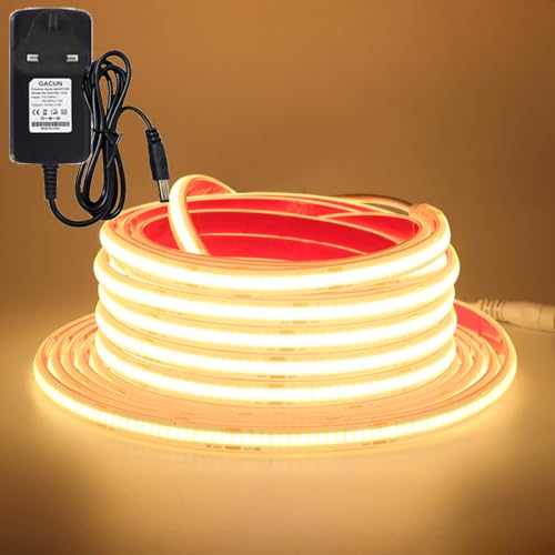 KAFULA 24V COB LED Strip Light 10m Warm White 3000K, Uniform Emission IP68 Waterproof Flexible FCOB LED Fairy Light CRI90+, DIY Bedroom Kitchen Living Room Home Decoration