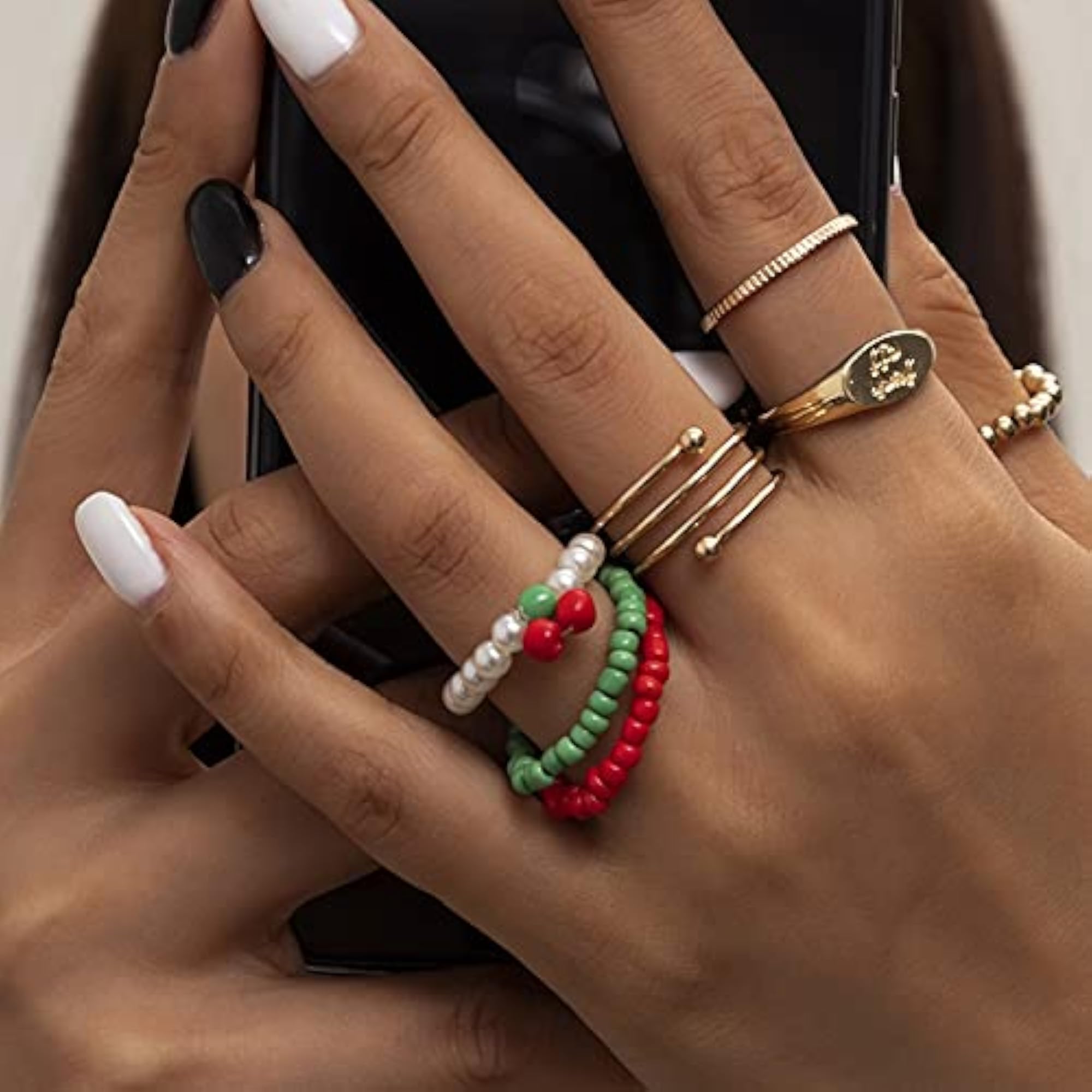 Women's Bohemian Decorative 7PCS Colorful Bead Rings, Stackable