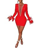 Jigfar Vestido sexy y elegante para mujer, con plumas de diamantes de imitación, manga larga, malla transparente (K2615, rojo, M)