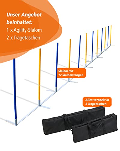 SPORTIKEL24 Agility-Slalom – Slalom für Turnier & Agility-Training – mit 12 Stangen & und Basis aus Metall – stabile Ausführung – FCI-konform – Set mit Tragetaschen