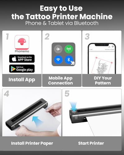 Phomemo Drukarka do Tatuażu, TP88 Tattoo Printer, Drukarka Termiczna do Tatuażu Bluetooth A4, Przenośna Drukarka do Tatuażu do Tatuażu dla DIY z 10-sztuk Papierami do Tatuażu