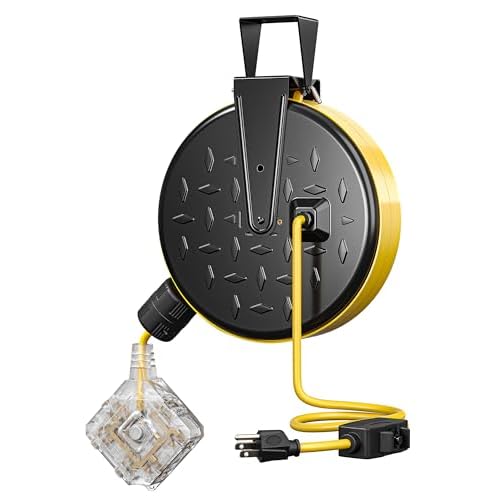 DEWENWILS 30 Ft Retractable Extension Cord Reel, Ceiling/Wall Mount 16/3 Gauge SJTW Power Cord with 6 Grounded Outlets, Twist-Lock Stopper, 10 Amp Circuit Breaker, Metal Covering, UL Listed