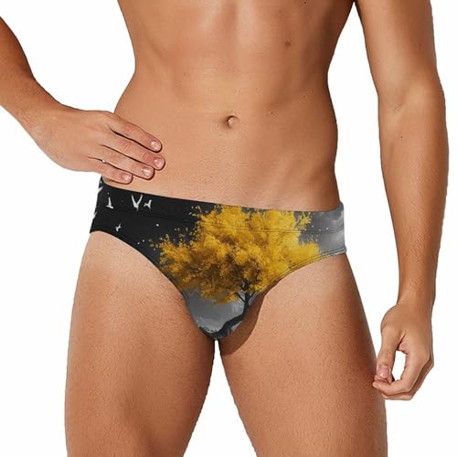 Yellow Tree Boat Printed Swim Briefs for Men Sexy Bikini Swimwear Elastic Beach Trunks Bathing Suit
