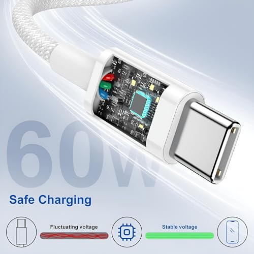 Image of iPhone 60W Fast Charger Braided Cable for iPhone 15 /15 Plus /15 Pro Max, MacBook, Samsung S24 ultra /S24 Plus /S23 /S22 /S23 Fe 5G,S21 fe, Nothing 2a /2, Galaxy Tab /Pad, USB C 60 w Charging Cord, White
