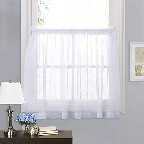 RYB HOME White Sheer Curtain Valance Drapes Half Window Dressing Panels Tiers for Kitchen/Bathroom/Living Room, 60-inch Wide x 36-inch Long Each Panel, 2 Pcs