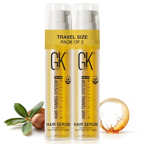 GK HAIR Travel Size Hair Oil - Vegan Argan Oil Frizz Ease Serum- Adds Smooths, Softness & repair Split Ends Paraben, Phthalate and Sulfate Free Pack of 2(0.34 oz)