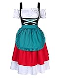 KOJOOIN Trachten Damen Dirndl Kurz - Midi Trachtenkleid für Oktoberfest - DREI Teilig: Kleid, Bluse, Schürze Rot-Blau 38/L
