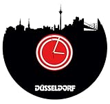 Wanduhr Düsseldorf, rot-weiß, Skyline, Fußballuhr, hochwertige Acrylglas Uhr mit lautlosem Quarzwerk, 3mm Stärke