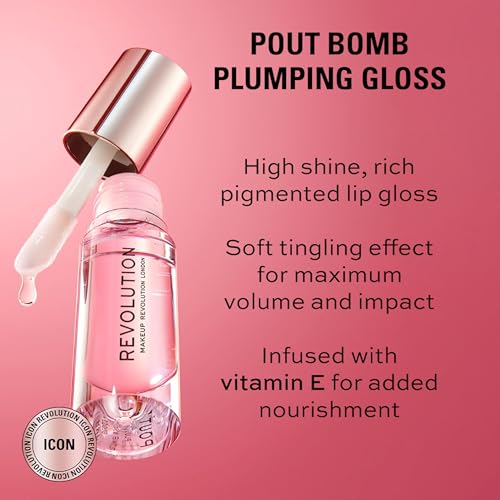 Image of Revolution, Pout Bomb Plumping Lip Gloss, High Shine, Rich Glossy Pigment, Infused with Vitamin E, Glaze Clear, 0.15 fl oz (Pack of 2)