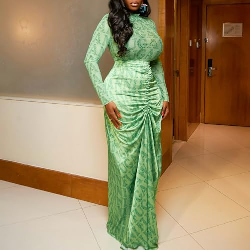 Women's 2 Piece Long Sleeve Mesh Turtleneck Top and Pleated Bodycon Maxi Skirt Going Out Outfits4