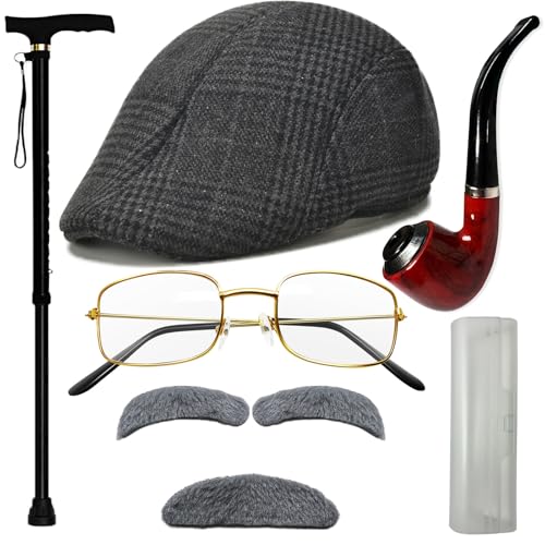 Old Man Costume for Kids Costume Accessories Cane Hat Glasses and Moustache Eyebrows 100 Days of School Kids Costume Set (dark grey)