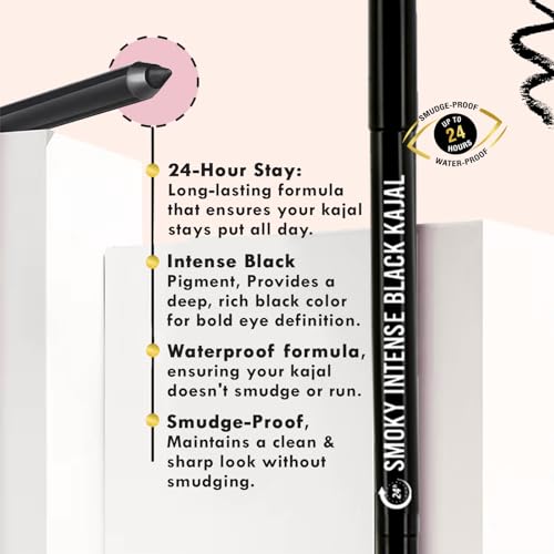 Image of GLAMVEDA Pencil Smoky Intense Black Kajal - 0.35g | 24-Hour Long Stay One-Stroke Smooth Application Waterproof, Smudgeproof & Sweatproof| Rich Pigment | Suitable for Sensitive Eye (Pack of 2)