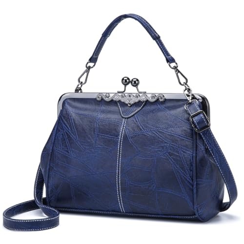 Image of Segater Women Retro Hollow Oil Wax PU Leather Handbag Kiss Lock Crossbody Purse Vintage Messenger Bag Tote