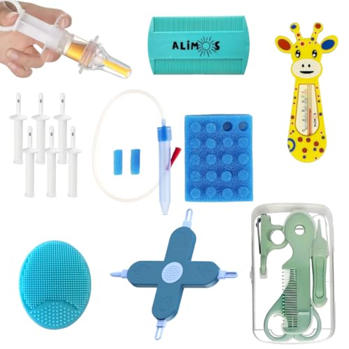 Alimos Pflege- und Gesundheitspflege-Set für Neugeborene mit Nasensauger und Hygienefiltern, Nasen-, Ohr-Picker, Nagelknipser, Wiegenkappenbürste, Gas- und Koliklinderung, Medikamentenspender und