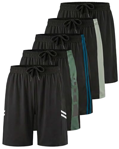 Image of Real Essentials 5 Pack: Boys' Dry Fit Basketball Shorts for Youth Kids Teens - Athletic Running Soccer Sports with Pockets
