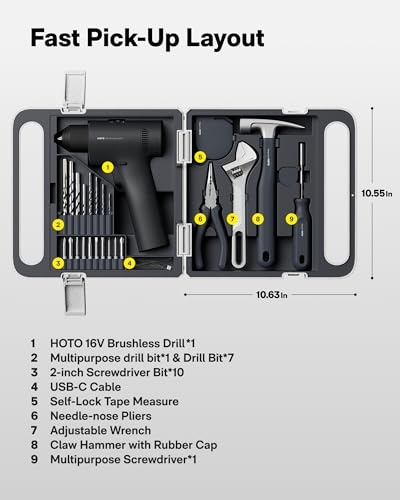 HOTO 25 Piece Household Tool Kit with 16V Brushless Drill - Image 2