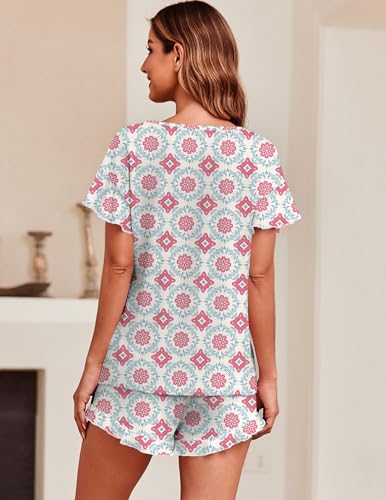 Image of Ekouaer Women's Pajama Set Ruffle Sleeves Top and Short | 2 Piece Ruffle Hem Sleeves Top and Shorts Pjs Set, Soft Short Sleepwear Set, Elastic Waistband Design