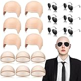 Mepase 18 Pcs Bald Caps with Glasses Nylon Makeup Latex Bald Head Wig Cap for Men Women Adults Cosplay Party Costume Accessories (12.9 x 7.48 Inch)