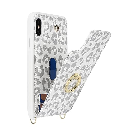 Image of for iPhone Xs Max Case with Card Holder and Strap for Women,Crossbody Lanyard,Kickstand Ring Stand,Snap Clasp,Cute Phone Wallet Cases 6.5 inch(White Leopard)