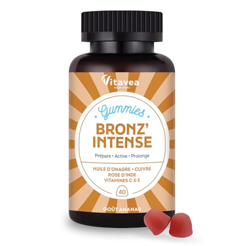 Vitavea - Gummies Solaire Bronz'Intense - Complément alimentaire Bronzage - Prépare, Active, Prolonge - Teint Hâlé, Effet Bonne Mine - Onagre, Cuivre, Rose d'Inde, Vitamines C & E - 40 gummies - Vegan