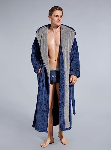 Slumbermee Mens Fleece Plush Robe With Hood Ultra Soft Fluffy Full Length Long With Pockets Luxurious House Coat (Navy Blue, M) #TOP4