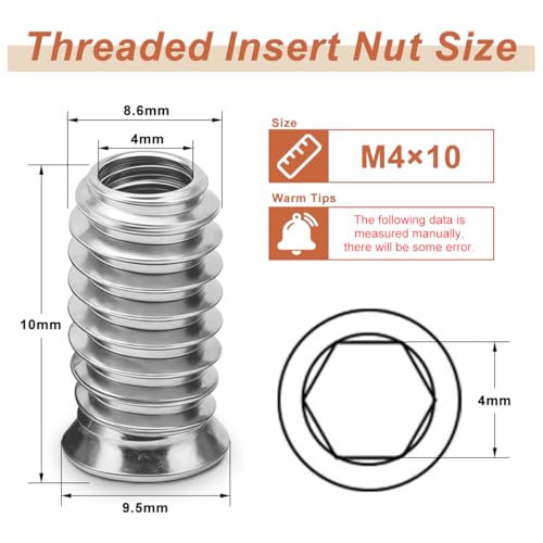 Drenky M4 Gewindeeinsatz Holz, 40 Stück Einschraubmutter M4x10mm Einschraubmuttern Silber, Einschraubmuffen Verzinkte Innensechskant, Einschraubhülse Gewindeeinsatzmuttern für Holzmöbel