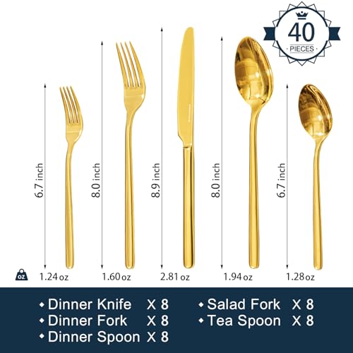 Image of KINGSTONE Gold Silverware Set, 40 Piece Flatware Cutlery Set for 8, 18 /10 Stainless Steel Silverware Mirror Polished Dishwasher Safe for Home, Restaurant, Wedding, Party(Gold, 40 pieces for 8)