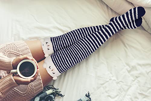 Image of Benefeet Sox Girls Cute Animal Fuzzy Knee High Socks Womens Funny Striped Cozy Winter Warm FluffyThigh High Socks Leg Warmers