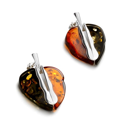 Sterling silver and pear-shaped, cognac and green amber earrings