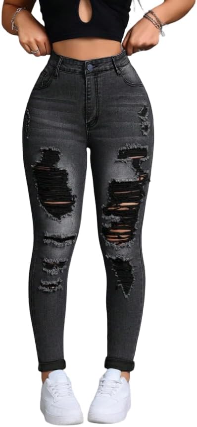 Women's High Waist Slim Fit Distressed Denim Jeans with Zipper Closure and Pocket Detail – Stretch Cotton Casual Style