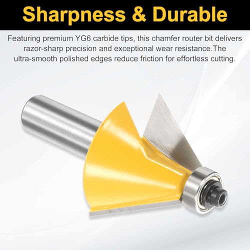 Image of HARFINGTON 6pcs Chamfer Router Bit Set 1 /2 inch Shank 11.25, 15, 22.5, 30, 45, 60 Degree Cutting Angle Carbide Wood Router Bits for Woodworking, Yellow
