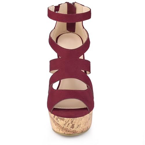 Allegra K Allegra K Women's Platform Peep Toe Cutout Caged Cork Burgundy Wedge Heel Sandals 8.5 M US