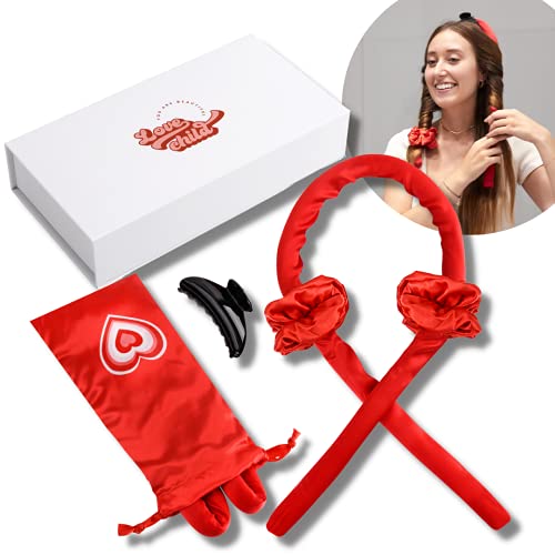 Heatless Curling Rod Headband -100% Silk Curling Ribbon with 2 Silk Scrunchies and 1 Hair Clip | TikTok Heatless Curlers with Authentic Mulberry Silk (Red)