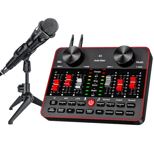 Podcast Microphone Bundle with Live Sound Card Audio Mixer, Podcast Equipment Bundle with 3.5mm Condenser Microphone for Pc/Phone Live Streaming Singing Gaming, Voice Changer.
