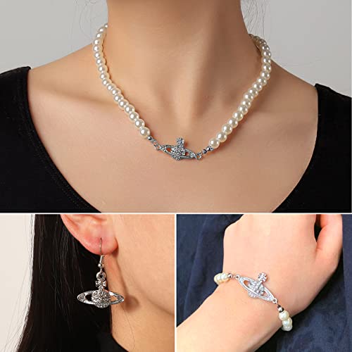 Pugest Jewelry 3 Pcs Set For Women - Adjustable Saturn Necklace Set Fashion Dangle Earring White Pearl Bracelet Easy To Wear Suitable For Parties, Dates, Everyday Wear (3 Pcs) (Silver) #TOP4