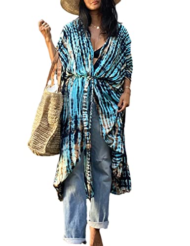 Image of Bsubseach Stylish Tie Dye Open Front Long Kimono Swimsuit Coverup for Women | Loose Fit Boho Style Bathing Suits Cardigans,Summer Causal Resort Wear