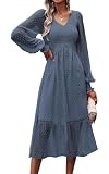 Picture of PRETTYGARDEN Long Sleeve Smocked Fall Dresses for Women 2025 Ruffle Midi Dress Swiss Dot V Neck Wedding Guest Long Dresses (Grey Blue,Small)
