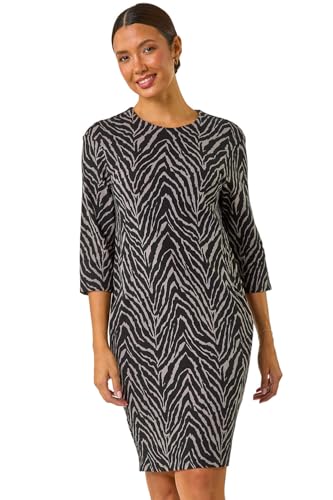 Image of Roman Women Shift Dress with Pockets - Ladies Autumn Winter Tunic 3/4 Length Sleeve Knee Length Smart Casual Office Work Cocktail Party Round Neckline Comfy Soft - Grey Natural - Size 18