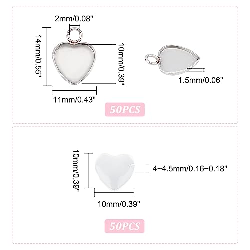 UNICRAFTALE 50 Sets Heart Cabochon Pendant Stainless Steel Blank Bezel Charms Trays 10mm Settings with Heart Glass Cabochons Bezel Blanks Tray for Photo Pendant Craft Jewelry Making - Image 2