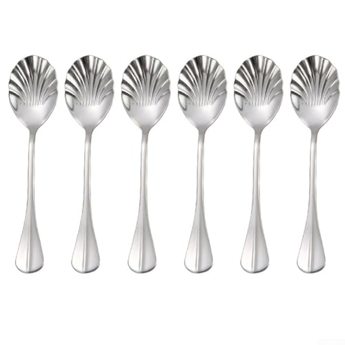 Juego de 6 cucharas de postre de acero inoxidable con mango largo en forma de concha, cucharas de servir de café y helado pulidas con espejo para bodas, Pa(plata)