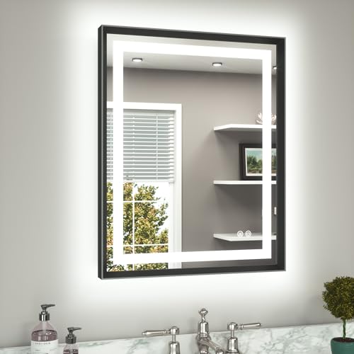 TETOTE 24 x 30 Large Bathroom Mirror Brushed Black Metal Frame Frontlit & Backlit Vanity Mirror 3 Colors White/Warm/Natural Stepless Dimmable Anti-Fog Bathroom Mirrors for Vanity Wall-Mounted