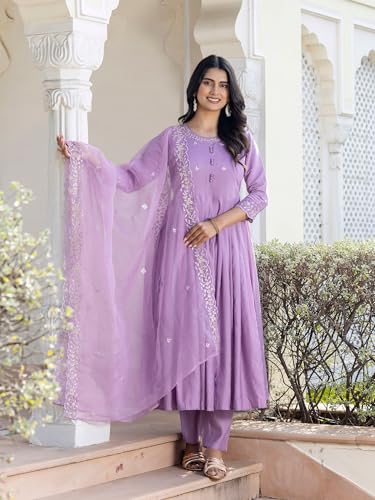 Image of Navlik Women's Viscose Embroidered Flared Kurta with Pant and Dupatta Sets (NK-654)