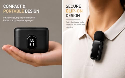 Image of 2-in-1 Wireless Microphone with Type-C & Lightning Receiver, Noise Reduction, Auto Pairing, LED Case Display, Long Battery for iPhone & Android