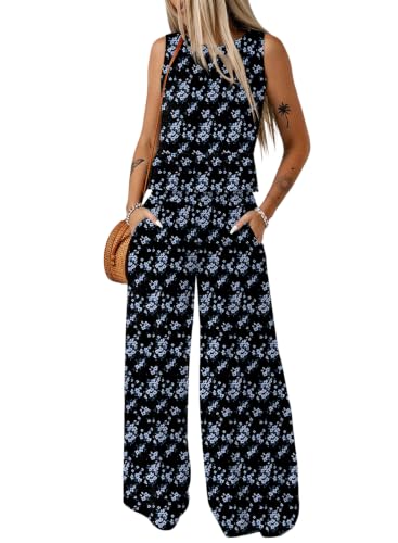 Image of Dokotoo Pants Sets Women 2 Piece Outfits Sleeveless Round Neck Tank Tops Matching Sets for Women Elastic Waist Wide Leg