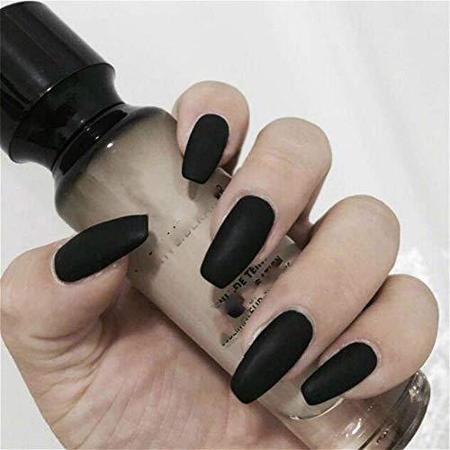 SAMILLEE 24 Pcs Ballerina Pure Color Matte Coffin Nails Full Cover Medium False Beauty Nails Fake Gel Nails Tips Art for Women Girls Gift Halloween Party (Black)