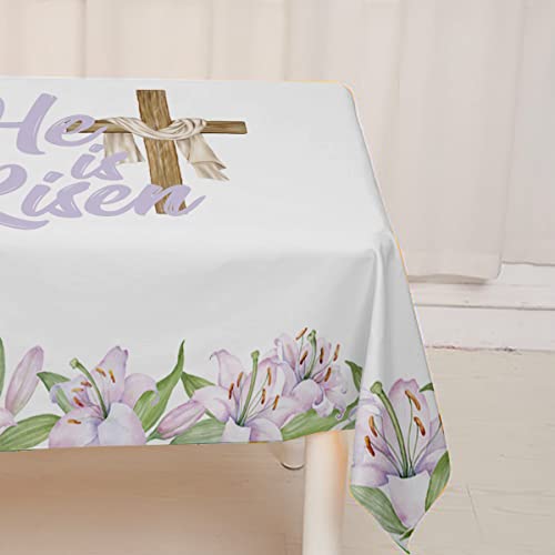 Heyfary He Is Risen Tablecloth Easter Spring Holiday Decoration Christian Cross Flower Home Kitchen Dining Room Table Decor-60×84Inch #TOP4