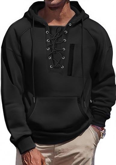 Men's Hoodies tactical hoodie Men Lace Up Sweatshirts Slim Fit Athletic Pullover Outdoor Long Hoodie with Pocket - Image 4