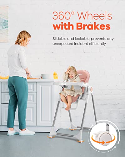 Heao Multi-Use High Chair For Babies & Toddlers, Easy Folding & Adjustable Highchair With 7 Height And 5 Recline Positions, Compact And Portable 360 Rotating Booster Seat With Removable Tray, Pink #TOP4