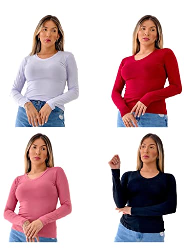 Kit 4 blusas Gola V Manga Longa Feminina (G, Preto/Cinza-Escuro/Vinho/Azul-Marinho)