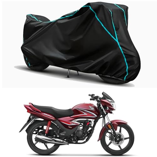 Image of Waterproof Bike Body Cover Compatible for | Honda Shine Drum | Taffeta Fabric, Sky Piping Design, Bottom Elastic Fit | Dustproof, Sun UV & Rain Protection for All Weather.